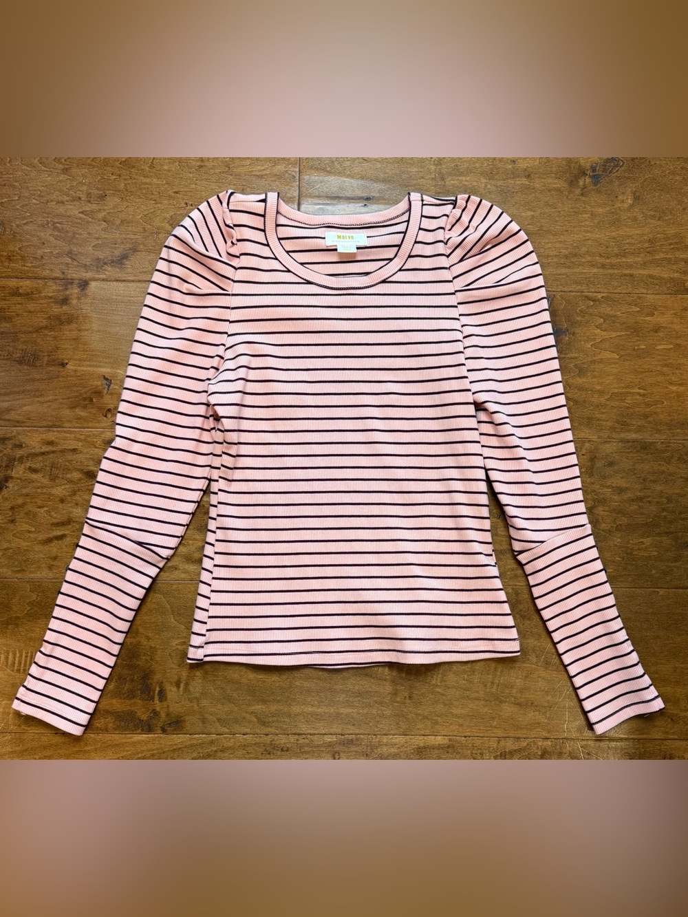 Maeve Anthropologie Ribbed Puff Sleeve Stripe Top Small Peach Brown Button Cuff